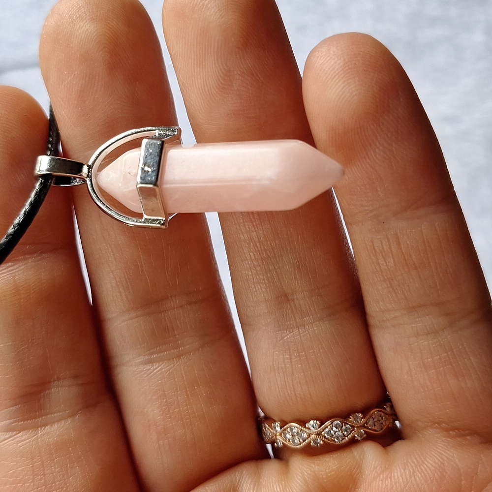 Light Pink crystal point pendant necklace on 16-inch faux leather chain